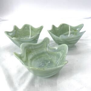 SET OF 3 Hand Blown Recycled Art Glass Green With Swirls Small Glass Bowls
